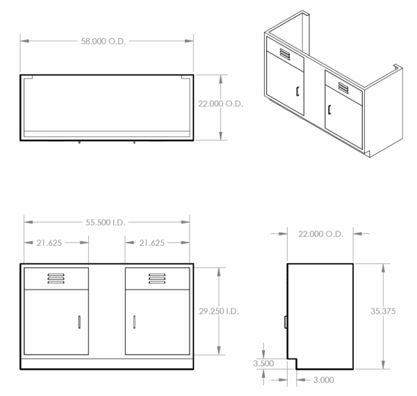 Cabinet, sink base, 58x35x22, 2 door, shadow-3486