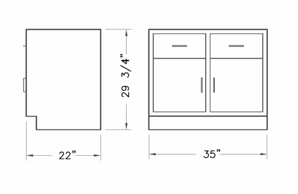 Cabinet, base, 35x29x22, 2 drawer / 2 door, shadow-3488