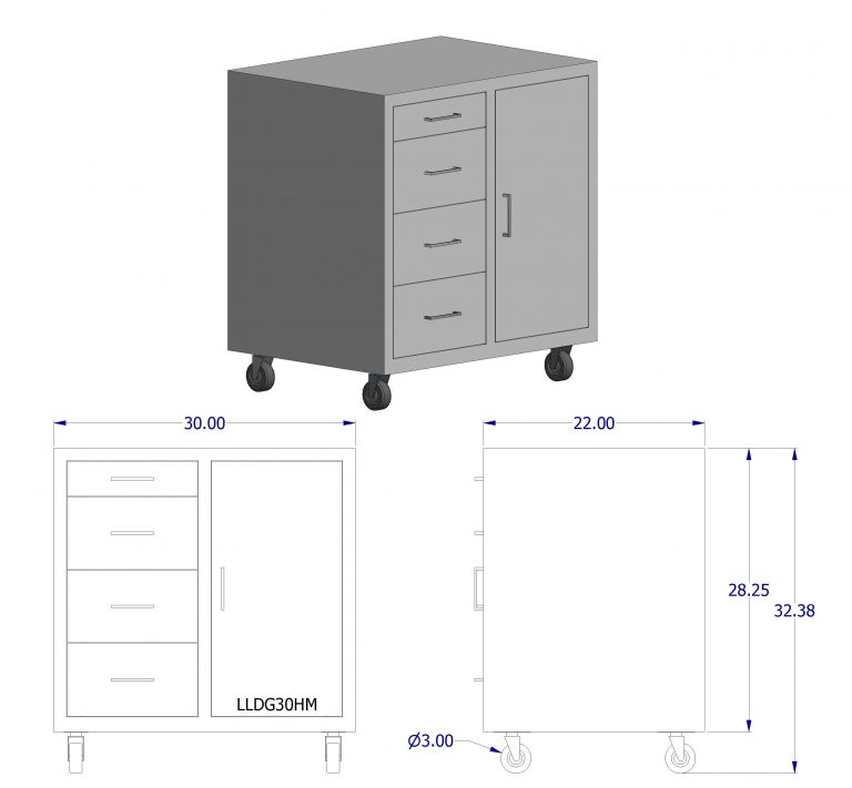 Cabinet, high mobile, 30x32-3/8x22, 4 drawer, 1 door, shadow-3569