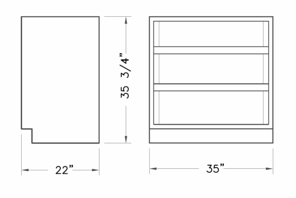 Cabinet, base, 35x35x22, open front, 2 shelf, shadow-3473