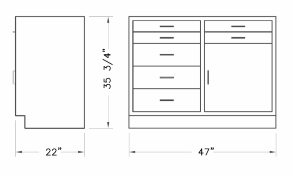 Cabinet, base, 47x35x22, 7 drawer / 1 door, shadow-3469