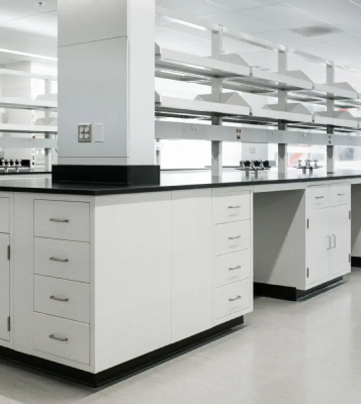 Modern laboratory workspace with white cabinetry, black countertops, and organized shelving in a clean, well-lit environment.