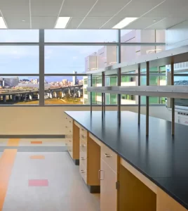 Modern laboratory with black countertops, wooden cabinetry, and large windows overlooking a cityscape and highway.