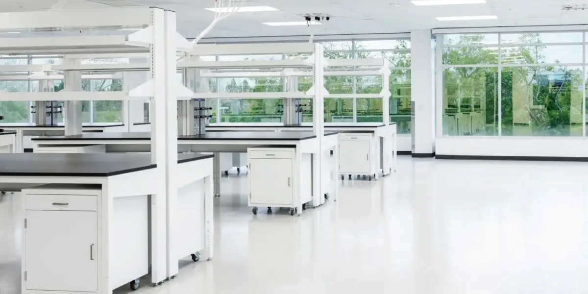 Close-up view of M2 Series double-sided laboratory bench showing phenolic worksurfaces, mobile suspended cabinets, and upper shelf framework